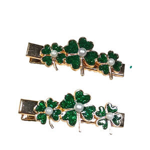 Irish Shamrocks Four Leaf Clover Hair Barrettes Clips Set Of Two Green Gold tone